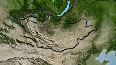 Close-up of the Mongolia border area on a satellite map. Capital point. Bevelled edges of the country shape.  clipart