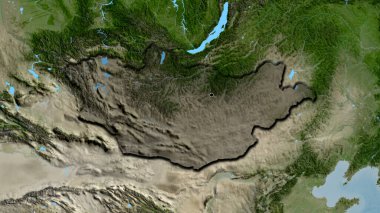 Moğolistan sınırına yakın çekim. Uydu haritasında koyu bir örtüyle vurgulanıyor. Ana nokta. Ülkenin kıvrımlı kenarları. 