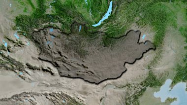 Moğolistan sınırına yakın çekim. Uydu haritasında koyu bir örtüyle vurgulanıyor. Ana nokta. Ülkenin kıvrımlı kenarları. 