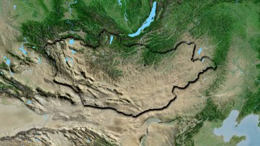 Moğolistan sınırına bir uydu haritasında yakın plan. Ana nokta. Ülkenin kıvrımlı kenarları. 
