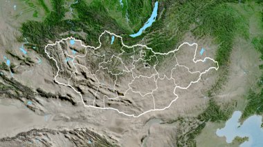 Moğolistan sınırına ve bölgesel sınırlarına bir uydu haritasında yakın plan. Ana nokta. Ülke şekli etrafında özet geç. 