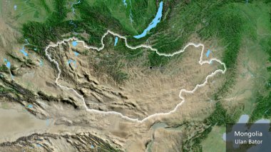 Moğolistan sınırına bir uydu haritasında yakın plan. Ana nokta. Ülke çapında parıldıyor. Ülkenin ve başkentinin İngilizce adı