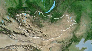 Moğolistan sınırına bir uydu haritasında yakın plan. Ana nokta. Ülke şekli etrafında özet geç. 