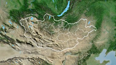 Moğolistan sınırına ve bölgesel sınırlarına bir uydu haritasında yakın plan. Ana nokta. Ülke şekli etrafında özet geç. 
