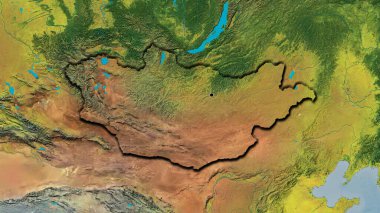 Moğolistan sınır bölgesinin bir topoğrafik haritasına yakın çekim. Ana nokta. Ülkenin kıvrımlı kenarları. 