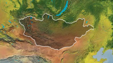 Moğolistan sınır bölgesinin, topoğrafik haritada koyu bir örtüyle ışıklandırılması. Ana nokta. Ülke şekli etrafında özet geç. 
