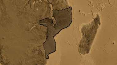 Mozambik sınır bölgesinin yakınından, sepia yükseklik haritasında koyu bir örtüyle vurgulanıyor. Ana nokta. Ülkenin kıvrımlı kenarları. 