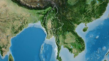 Myanmar sınır bölgesinin ve bölgesel sınırlarının uydu haritasına yakın çekim. Ana nokta. Ülke şekli etrafında özet geç. 