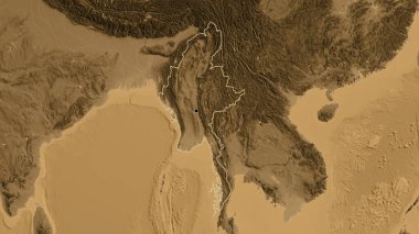 Myanmar sınır bölgesinin yakınındaki sepya yüksekliği haritasında. Ana nokta. Ülke şekli etrafında özet geç. 