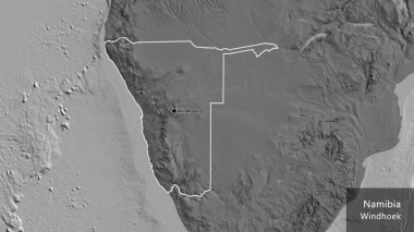 Namibya sınır bölgesinin bir bileklik haritasına yakın plan. Ana nokta. Ülke çapında bir taslak oluşturun. Ülkenin ve başkentinin İngilizce adı