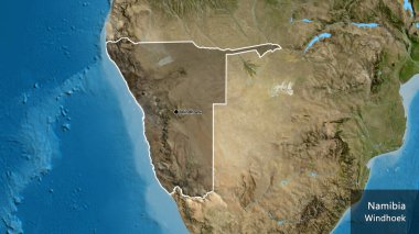 Namibya sınır bölgesinin yakın planında uydu haritasında koyu bir kaplama var. Ana nokta. Ülke çapında bir taslak oluşturun. Ülkenin ve başkentinin İngilizce adı