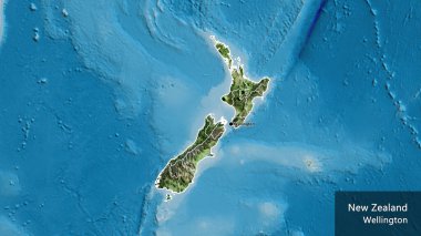 Yeni Zelanda sınır bölgesinin ve bölgesel sınırlarının uydu haritasında yakın çekimleri. Ana nokta. Ülke çapında bir taslak oluşturun. Ülkenin ve başkentinin İngilizce adı