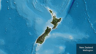 Yeni Zelanda sınır bölgesinin, uydu haritasında koyu bir örtüyle ışıklandırılması. Ana nokta. Ülke çapında bir taslak oluşturun. Ülkenin ve başkentinin İngilizce adı