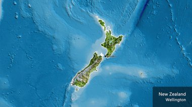 Yeni Zelanda sınır bölgesinin ve bölgesel sınırlarının uydu haritasında yakın çekimleri. Ana nokta. Ülke çapında bir taslak oluşturun. Ülkenin ve başkentinin İngilizce adı