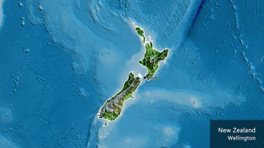 Yeni Zelanda sınır bölgesinin ve bölgesel sınırlarının uydu haritasında yakın çekimleri. Ana nokta. Ülke çapında bir taslak oluşturun. Ülkenin ve başkentinin İngilizce adı