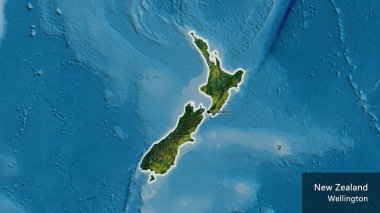 Yeni Zelanda sınır bölgesinin bir topoğrafik haritada koyu bir örtüyle ışıklandırılması. Ana nokta. Ülke çapında parıldıyor. Ülkenin ve başkentinin İngilizce adı