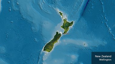 Yeni Zelanda sınır bölgesinin bir topoğrafik haritada koyu bir örtüyle ışıklandırılması. Ana nokta. Ülke çapında bir taslak oluşturun. Ülkenin ve başkentinin İngilizce adı