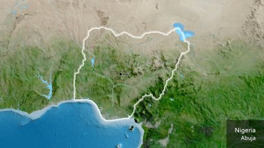 Nijer sınır bölgesinin uydu haritasına yakın çekim. Ana nokta. Ülke çapında parıldıyor. Ülkenin ve başkentinin İngilizce adı