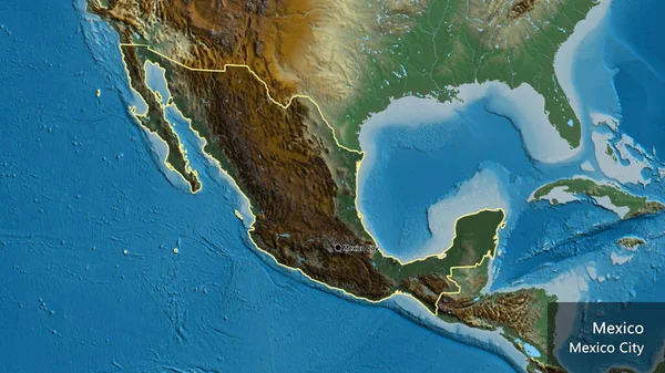 墨西哥边境地区的特写镜头突出显示了一张解像图上的黑暗阴影 资本点 概略地描述一下国家的面貌 国家及其首都的英文名称 — 图库照片