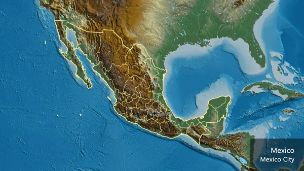 在一张救济地图上对墨西哥边境地区及其区域边界进行了密切监视 资本点 概略地描述一下国家的面貌 国家及其首都的英文名称 — 图库照片