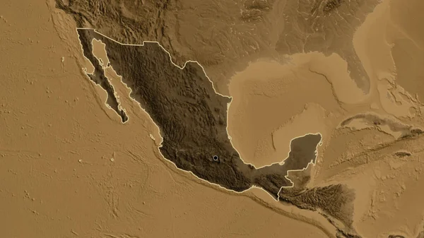Close-up of the Mexico border area highlighting with a dark overlay on a sepia elevation map. Capital point. Outline around the country shape.