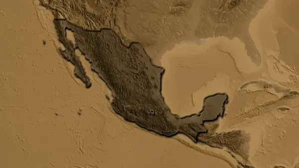 Close-up of the Mexico border area highlighting with a dark overlay on a sepia elevation map. Capital point. Bevelled edges of the country shape.