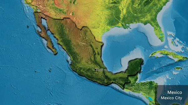 Close-up of the Mexico border area highlighting with a dark overlay on a topographic map. Capital point. Bevelled edges of the country shape. English name of the country and its capital