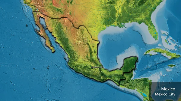 在地形图上对墨西哥边境地区进行了密切监视 资本点 这个国家的边缘呈斜角状 国家及其首都的英文名称 — 图库照片