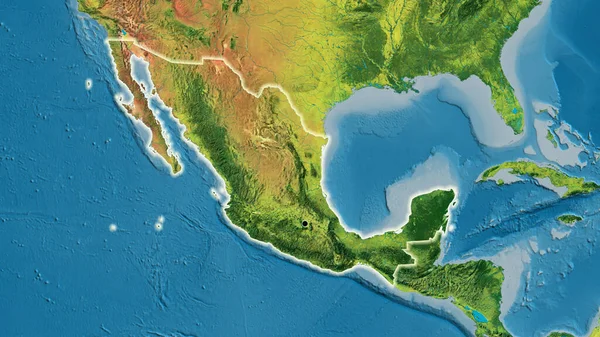 Close-up of the Mexico border area on a topographic map. Capital point. Glow around the country shape.