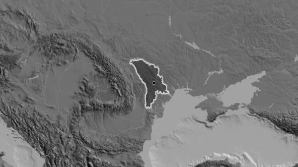 レベルマップ上の暗いオーバーレイで強調モルドバ国境エリアのクローズアップ 資本ポイント 全国に光る — ストック写真