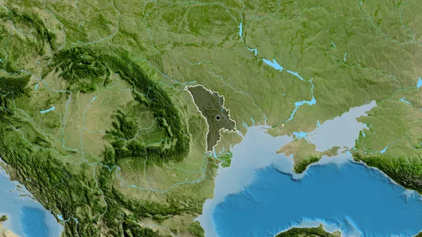 モルドバ国境地域のクローズアップは 衛星地図上の暗いオーバーレイで強調表示されます 資本ポイント 全国の概要 — ストック写真