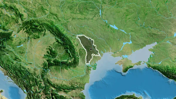 stock image Close-up of the Moldova border area highlighting with a dark overlay on a satellite map. Capital point. Glow around the country shape. 