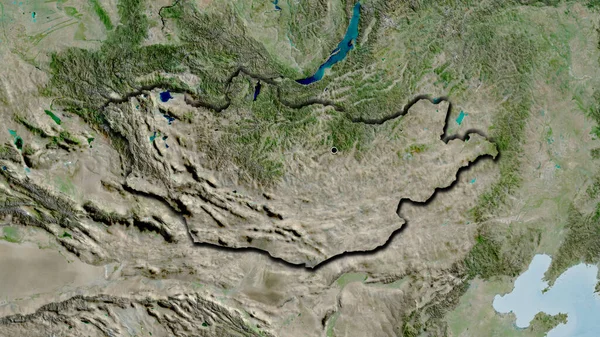在卫星地图上对蒙古边境地区进行的密切监视 资本点 国家形状的斜边 — 图库照片