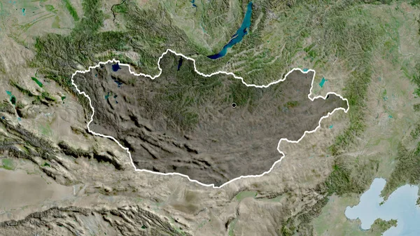 衛星地図上の暗いオーバーレイで強調モンゴル国境地域のクローズアップ 資本ポイント 全国の概要 — ストック写真