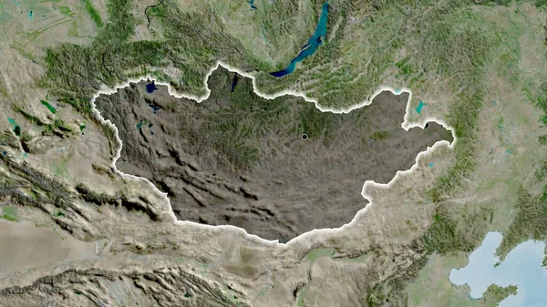 Närbild Mongoliets Gränsområde Med Mörk Överlagring Satellitkarta Huvudpunkt Glow Runt — Stockfoto