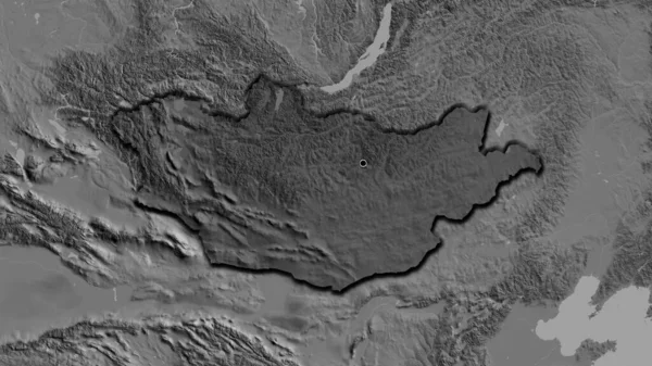 Detailní Záběr Pohraniční Oblasti Mongolska Zvýrazňující Tmavé Překrytí Dvouúrovňové Mapě — Stock fotografie