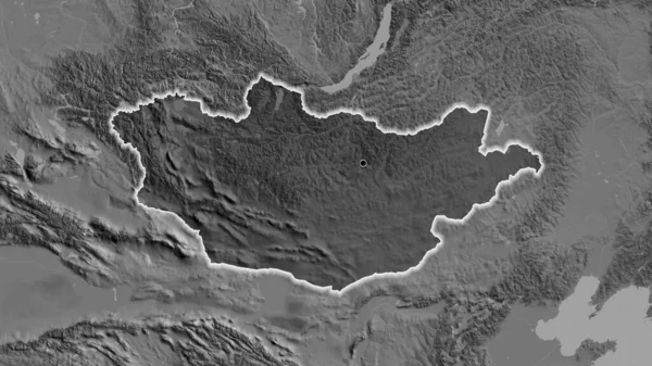 Zbliżenie Strefy Przygranicznej Mongolii Ciemnymi Nakładkami Mapę Dwupoziomową Główny Punkt — Zdjęcie stockowe