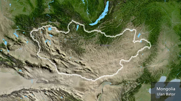 在卫星地图上对蒙古边境地区进行的密切监视 资本点 风靡全国各地 国家及其首都的英文名称 — 图库照片