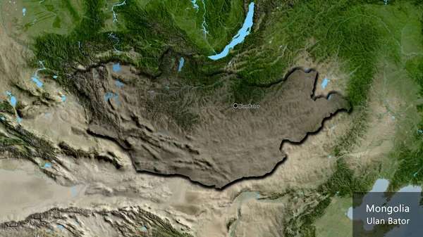 通过卫星地图上的黑暗覆盖 对蒙古边境地区进行了密切监视 资本点 这个国家的边缘呈斜角状 国家及其首都的英文名称 — 图库照片