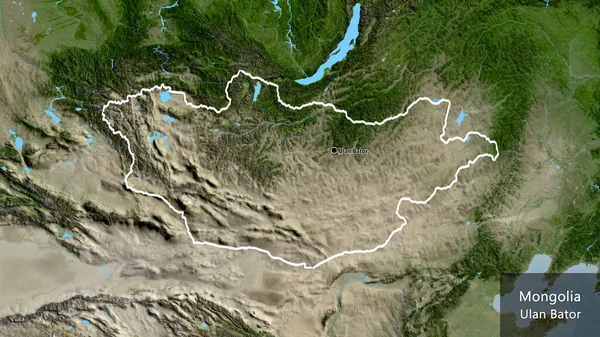 在卫星地图上对蒙古边境地区进行的密切监视 资本点 概略地描述一下国家的面貌 国家及其首都的英文名称 — 图库照片