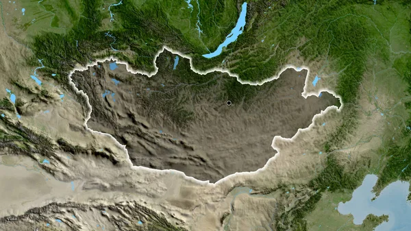 Detailní Záběr Pohraniční Oblasti Mongolska Zvýrazňující Tmavou Vrstvu Satelitní Mapě — Stock fotografie