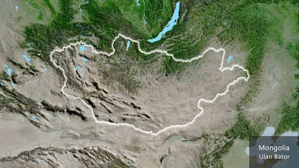 衛星地図上のモンゴル国境地帯の閉鎖 資本ポイント 国の形の周りに光る 英名国とその首都 — ストック写真