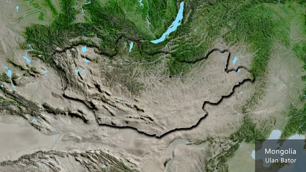 在卫星地图上对蒙古边境地区进行的密切监视 资本点 这个国家的边缘呈斜角状 国家及其首都的英文名称 — 图库照片