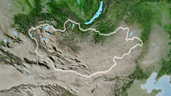 Nahaufnahme Des Grenzgebiets Zur Mongolei Auf Einer Satellitenkarte Kapitalpunkt Glühen — Stockfoto