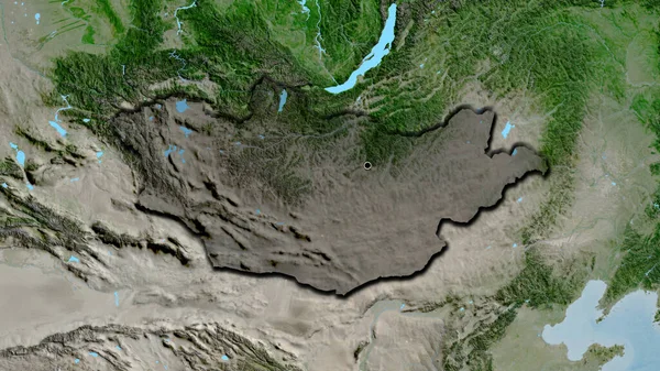 通过卫星地图上的黑暗覆盖 对蒙古边境地区进行了密切监视 资本点 国家形状的斜边 — 图库照片
