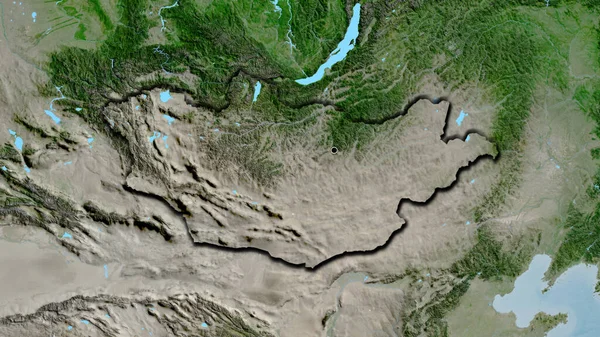 在卫星地图上对蒙古边境地区进行的密切监视 资本点 国家形状的斜边 — 图库照片