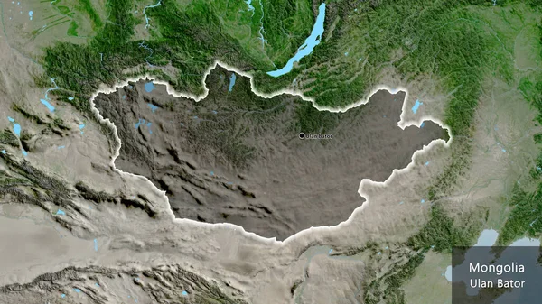 衛星地図上の暗いオーバーレイで強調モンゴル国境地域のクローズアップ 資本ポイント 国の形の周りに光る 英名国とその首都 — ストック写真