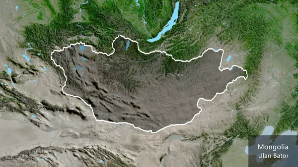 衛星地図上の暗いオーバーレイで強調モンゴル国境地域のクローズアップ 資本ポイント 国の形の周りの概要 英名国とその首都 — ストック写真