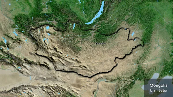 衛星地図上のモンゴル国境地帯の閉鎖 資本ポイント 国の形の縁が隠されています 英名国とその首都 — ストック写真