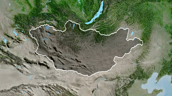 Närbild Mongoliets Gränsområde Med Mörk Överlagring Satellitkarta Huvudpunkt Skissera Runt — Stockfoto